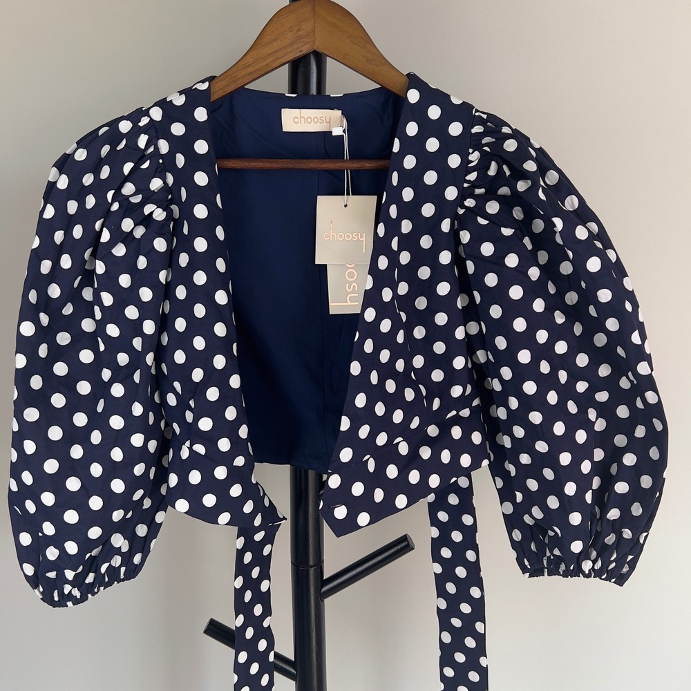 Choosy Navy White Polka Dot Puff Sleeve Wrap Crop Top NWT XS